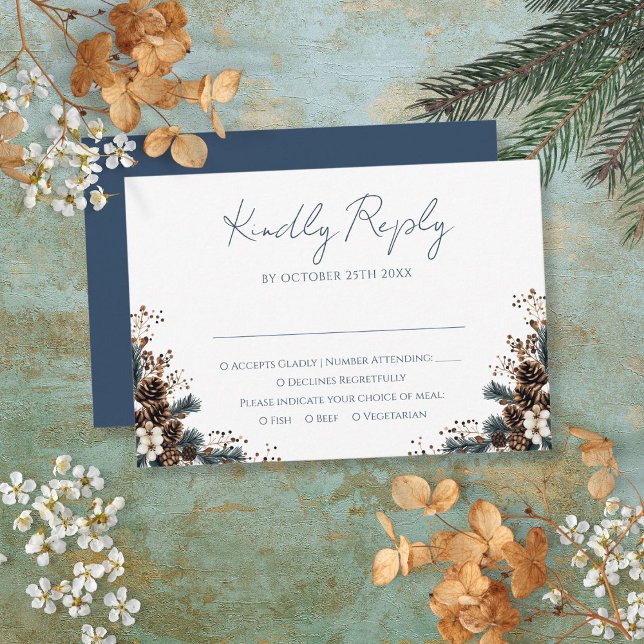 Cartão RSVP Casamento de Pinecones Floral Russo Elegante (Elegant Rustic Floral Pinecones Wedding RSVP Card)