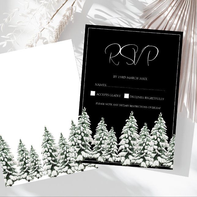 Cartão RSVP Casamento de Pinheiros Brancos e Neves Negra (Winter Black and White Snowy Pine Trees Wedding RSVP Card)