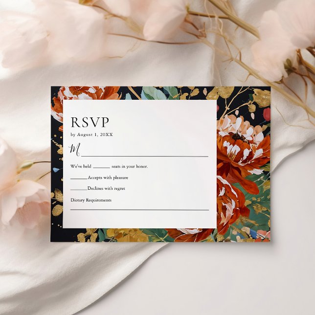 Cartão RSVP Casamento de Pintura Dourada Floral de Peões Laran (Criador carregado)
