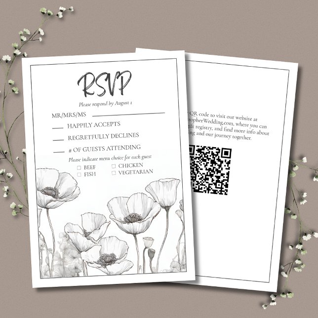 Cartão RSVP Casamento de Populações Brancas Brancas Negras Mod (White Poppies Wedding RSVP Card with Menu Choices.
)