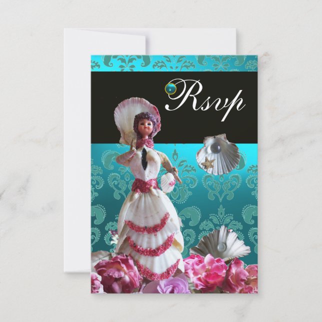 CARTÃO RSVP CASAMENTO DE PRAIA AZUL DAMASK - CHÁ DE PANELA RSV (Frente)