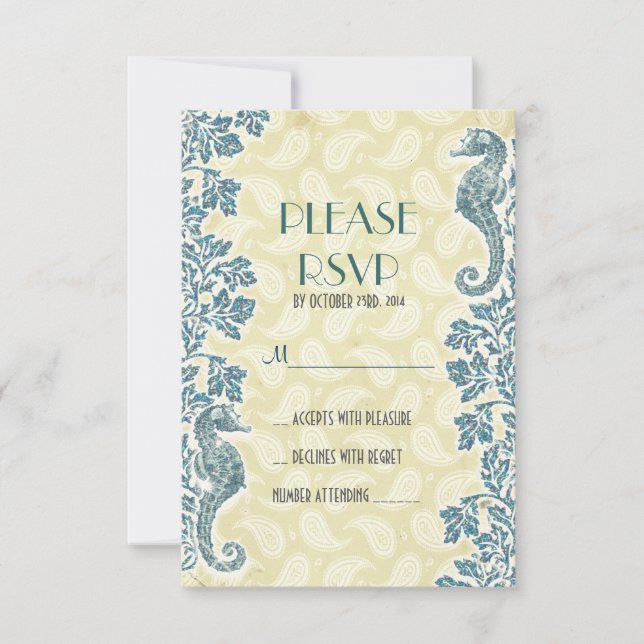 Cartão RSVP Casamento de praia com cavalos-marinhos náuticos R (Frente)