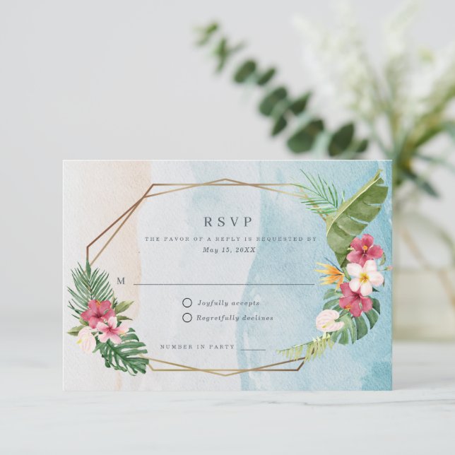 Cartão RSVP Casamento de praia de flores tropicais (Em pé/Frente)