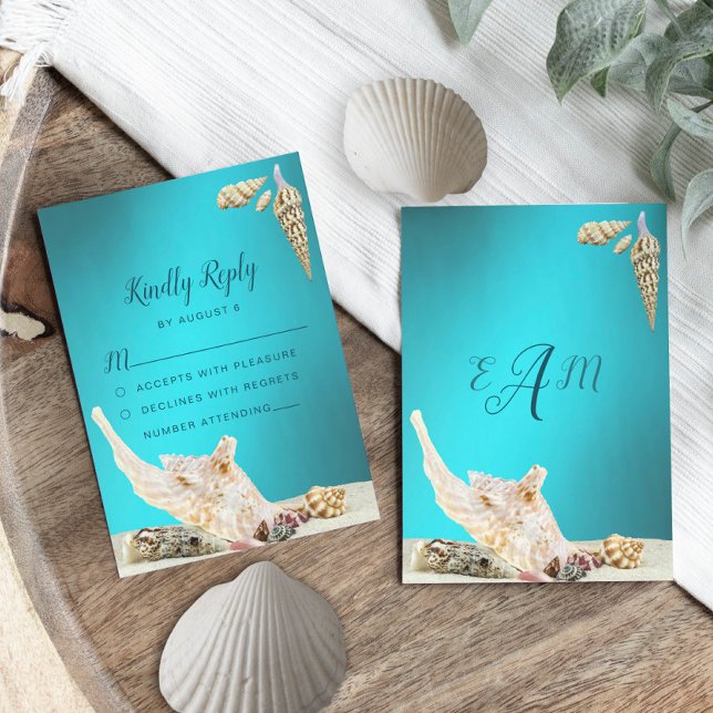 Cartão RSVP Casamento de Praia de Teal Blue Turquoise Seashell (Criador carregado)