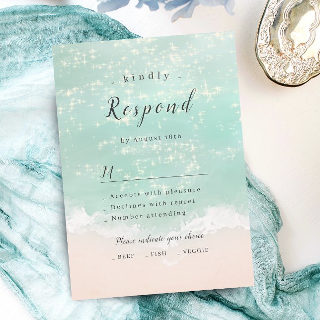 Cartão RSVP Casamento de praia Elegante abstrato (Elegant abstract sparkling ocean beach wedding RSVP card)