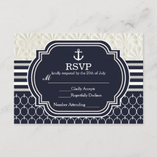 Cartão RSVP Casamento de Praia Elegante Azul Marinho e Branco