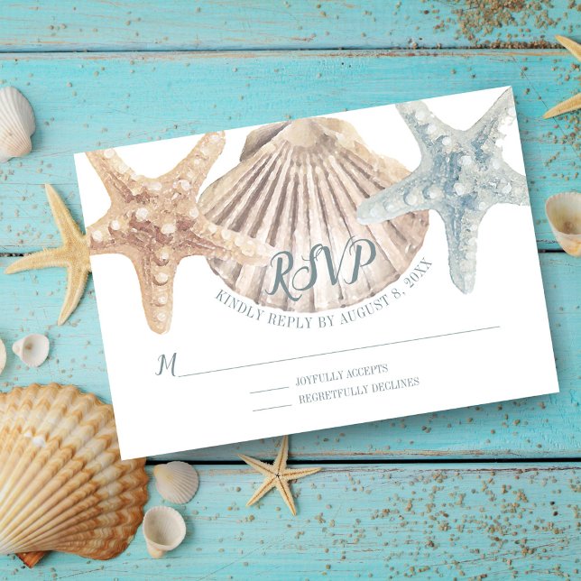 Cartão RSVP Casamento de Praia Náutica Azul do Mar de Starfish (Criador carregado)