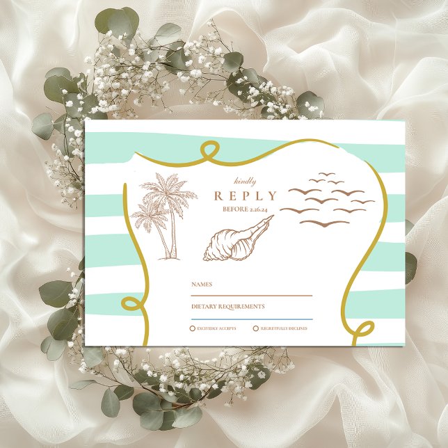 Cartão RSVP Casamento de Praia Striped (Criador carregado)