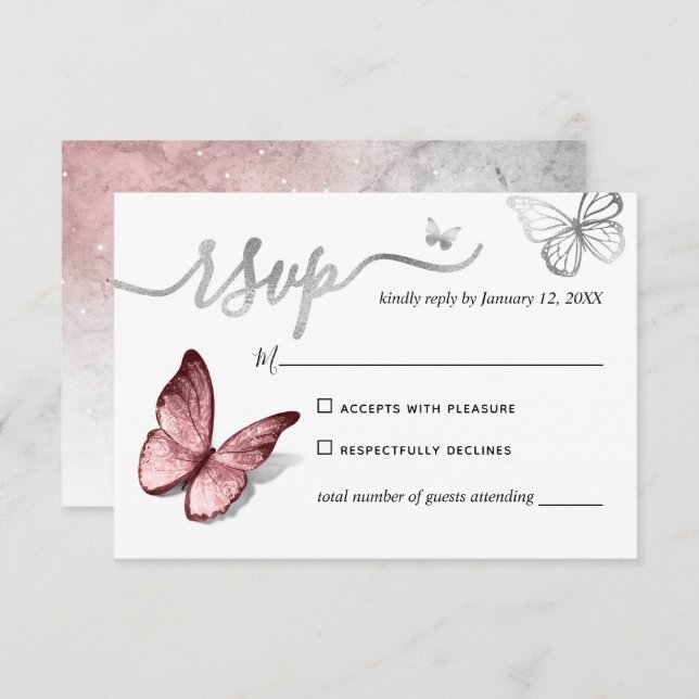 Cartão RSVP Casamento de Prata Elegante e Borboleta Rosa (Frente/Verso)