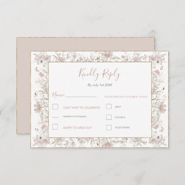 Cartão RSVP Casamento de primavera de Blush e Sage Wildflower (Frente/Verso)