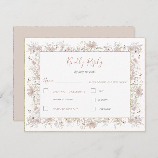 Cartão RSVP Casamento de primavera de Blush e Sage Wildflower (Frente/Verso)