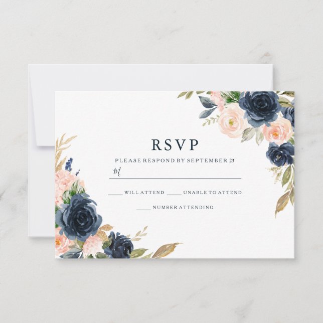 Cartão RSVP Casamento de primavera Elegante, cor-de-rosa e Mar (Frente)
