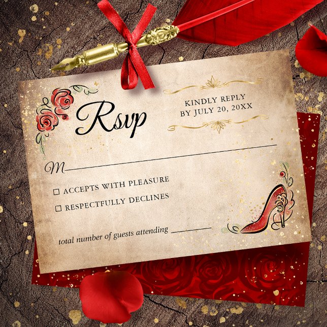 Cartão RSVP Casamento de Princesa Elegante Vermelha e Dourada (Red and gold RSVP cards to give your once upon a time celebration an elegant touch.)