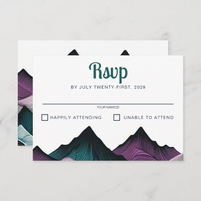 Cartão RSVP Casamento de Púrpura e Teal Mountain (Frente/Verso)