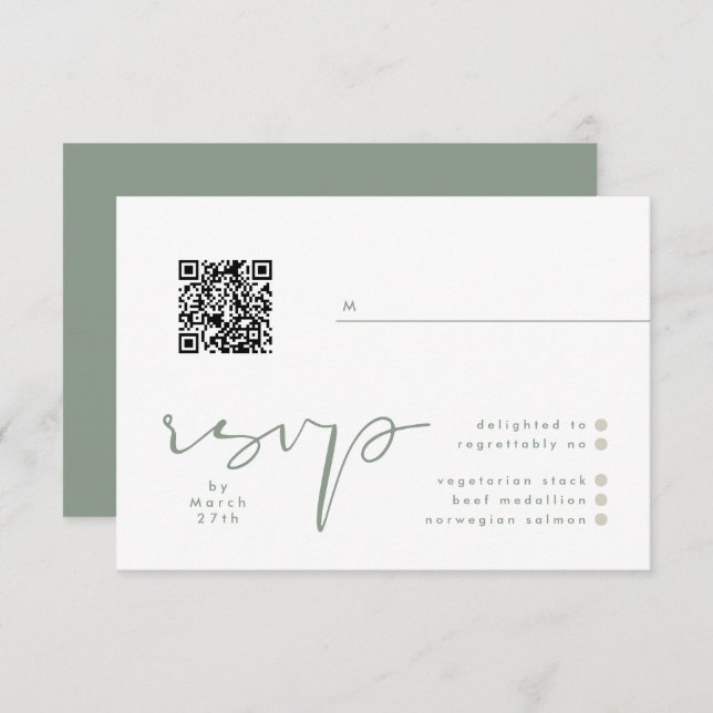 Cartão RSVP Casamento de QR Elegante Branco Neutro Verde de Sa (Frente/Verso)