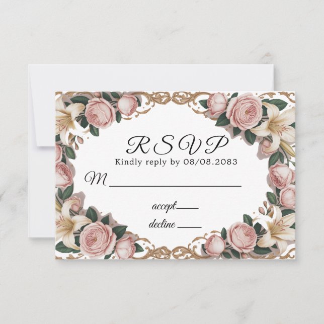 Cartão RSVP Casamento de Quadros Rococo, Peonies Rosa (Frente)