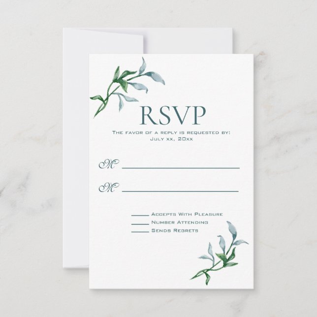 Cartão RSVP Casamento de Ramificações Florais Verdes Azuis (Frente)