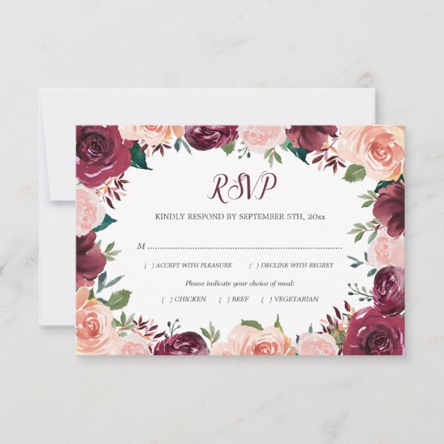 Cartão RSVP Casamento de Refeições com Rosa de Borda Floral Bl (Frente)