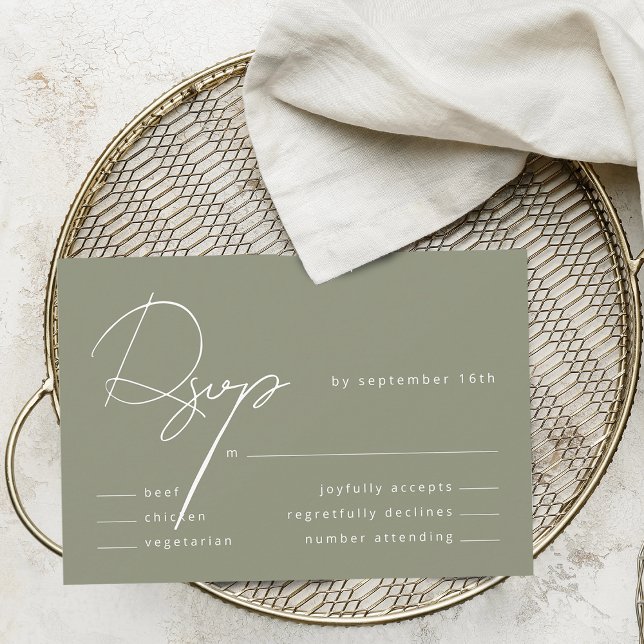 Cartão RSVP Casamento de Refeições Verdes no Senado Elegante (Elegant Calligraphy Sage Green Meal Wedding RSVP Card)