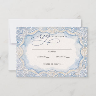 Cartão RSVP Casamento de Renda Azul Poeirento Marfim Dinheiro