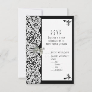 Cartão RSVP Casamento de rendas brancas e pretas R.S.V.P.