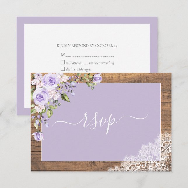 Cartão RSVP Casamento de rendas de madeira rustica com Lavanda (Frente/Verso)