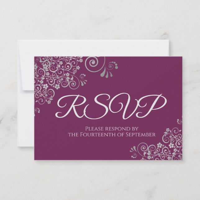 Cartão RSVP Casamento de rendas de prata Elegante Magenta Roxo (Frente)
