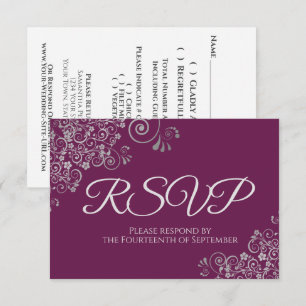 Cartão RSVP Casamento de rendas de prata Elegante Magenta Roxo