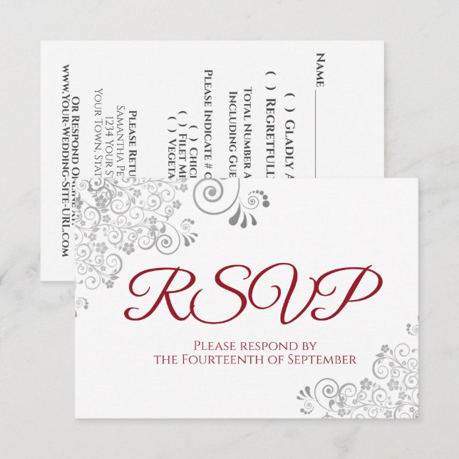 Cartão RSVP Casamento de rendas Elegante Vermelho e Branco (Frente/Verso)