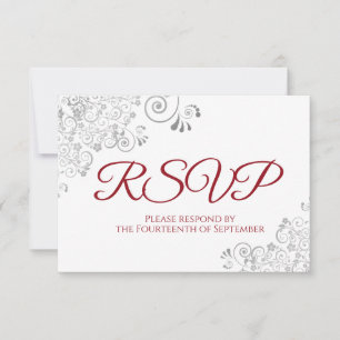 Cartão RSVP Casamento de rendas Elegante Vermelho e Branco