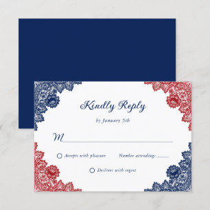 Cartão RSVP Casamento de rendas florais marinho Azul e Vermelh