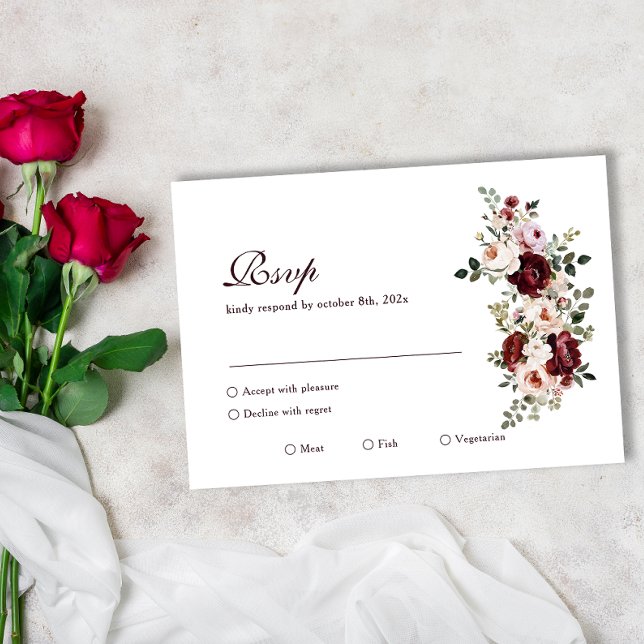 Cartão RSVP Casamento de Rosa de Borgonha Clássica Elegante (Criador carregado)