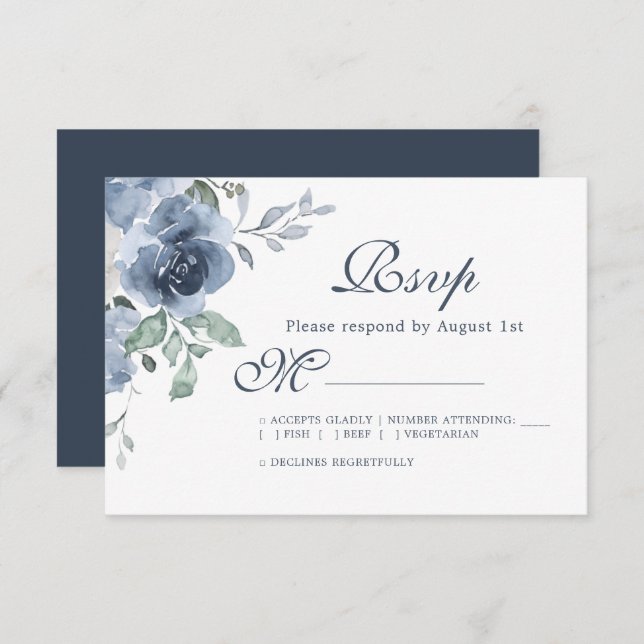 Cartão RSVP Casamento de Rosa de marfim azul-escuro Floral (Frente/Verso)