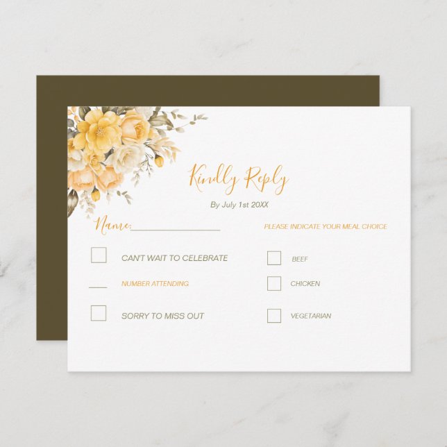 Cartão RSVP Casamento de Rosa de marfim e amarelo legante (Frente/Verso)