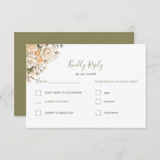 Cartão RSVP Casamento de Rosa de marfim e branco de pérola ele (Frente/Verso)