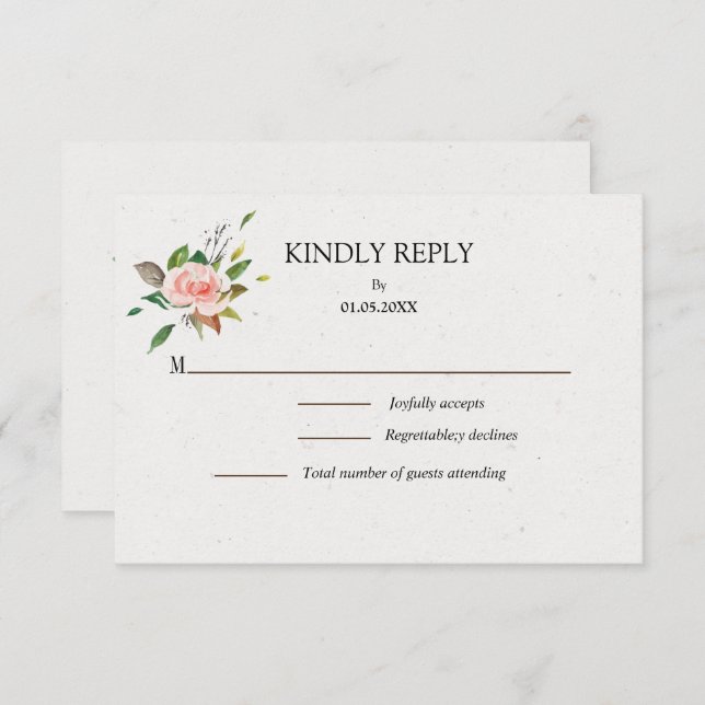 Cartão RSVP Casamento de Rosa e folhagem minimalista (Frente/Verso)