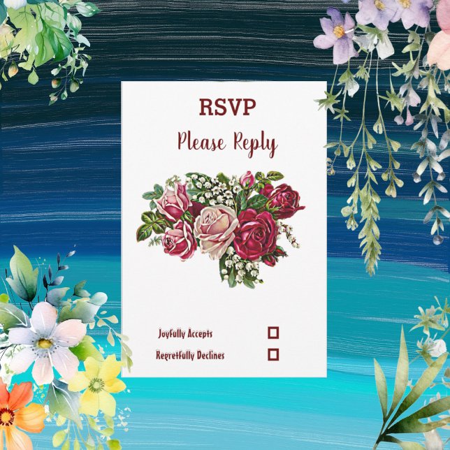 Cartão RSVP Casamento de Rosa Maroon Floral Russo Elegante (Elegant Burgundy Rustic Floral Maroon Rose Wedding RSVP Card)