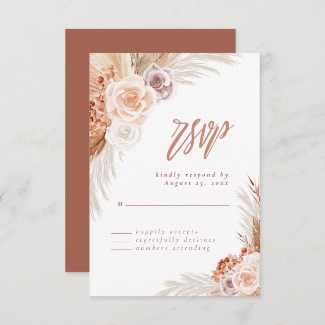 Cartão RSVP Casamento de Rosa Muted Pampas Terracotta Boho (Frente/Verso)