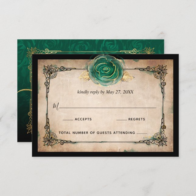 Cartão RSVP Casamento de Rosa Negra Negra Elegante Verde-Doura (Frente/Verso)