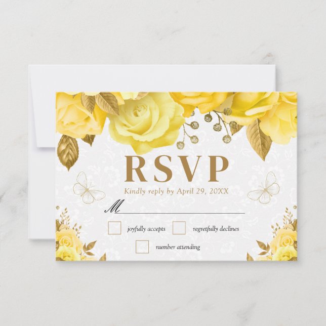 Cartão RSVP Casamento de Rosas Amarelos e Dourados (Frente)