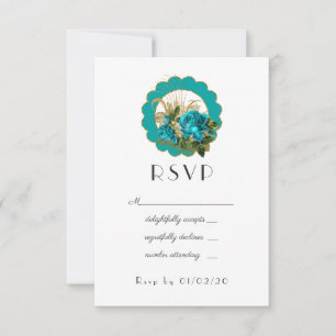 Cartão RSVP Casamento de Rosas Art Déco Paris em Azul Turquesa
