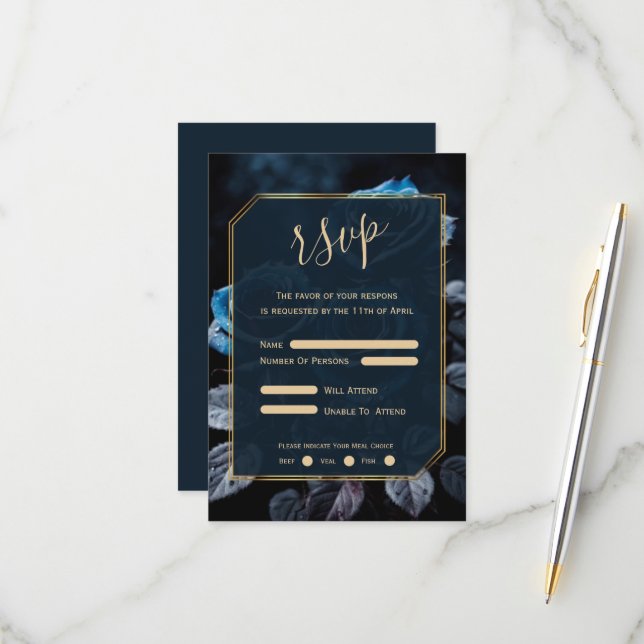 Cartão RSVP Casamento de Rosas Azuis Burgundy (Frente/Verso In Situ)