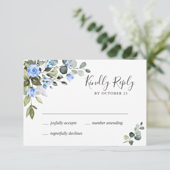 Cartão RSVP Casamento de Rosas Azuis Eucalyptus Elegante de ES (Em pé/Frente)