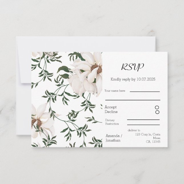 Cartão RSVP Casamento de Rosas Brancas de Elegância Moderna (Frente)