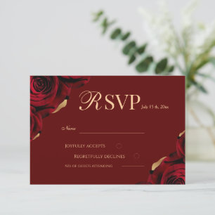 Cartão RSVP Casamento de Rosas Burgundy e Dourado Elegantes