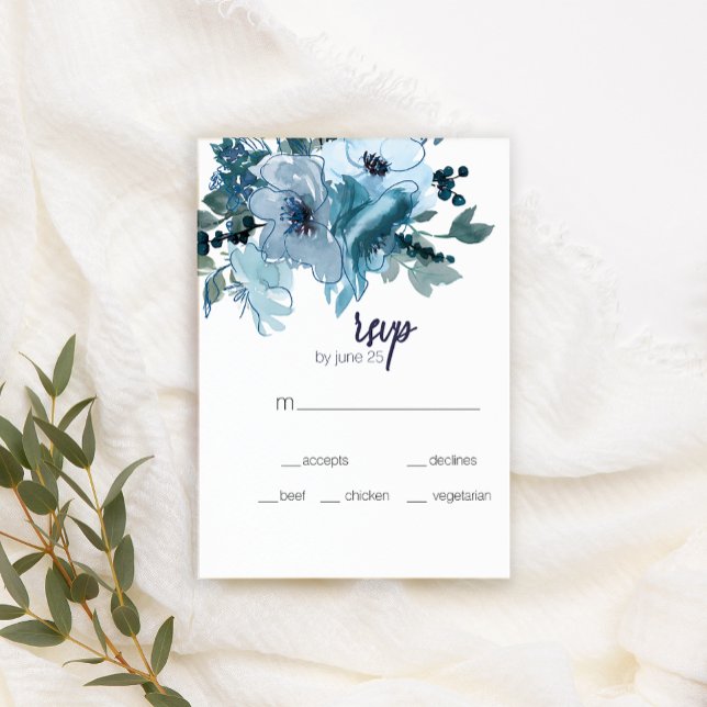 Cartão RSVP Casamento de Rosas de Aquarela Azul de Pastel Mode (Criador carregado)