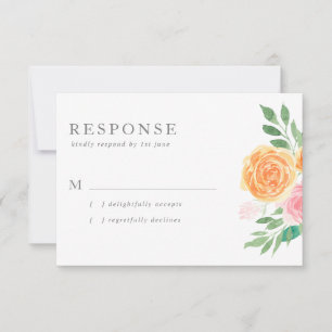 Cartão RSVP Casamento de Rosas de Cor de Água Rosa e Laranja