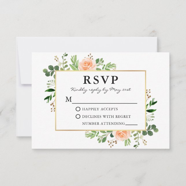 Cartão RSVP Casamento de Rosas de Pêssego em Aquarela (Frente)