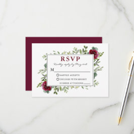 Cartão RSVP Casamento de Rosas de Watercolor Greenery Burgundy