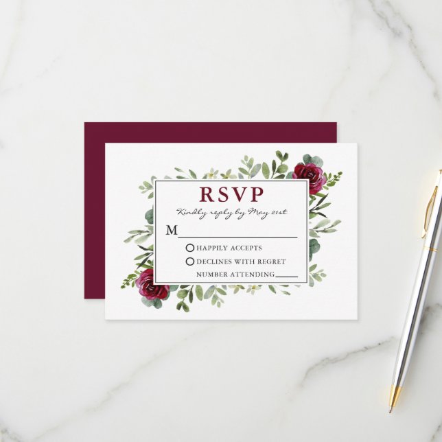 Cartão RSVP Casamento de Rosas de Watercolor Greenery Burgundy (Frente/Verso In Situ)